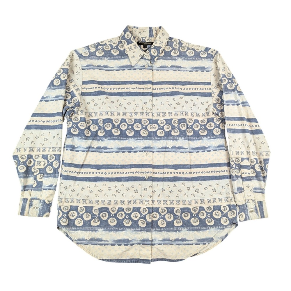 Vintage Guess Collection Mens L Blue Cream‎ Floral Batik Cotton Shirt USA Made